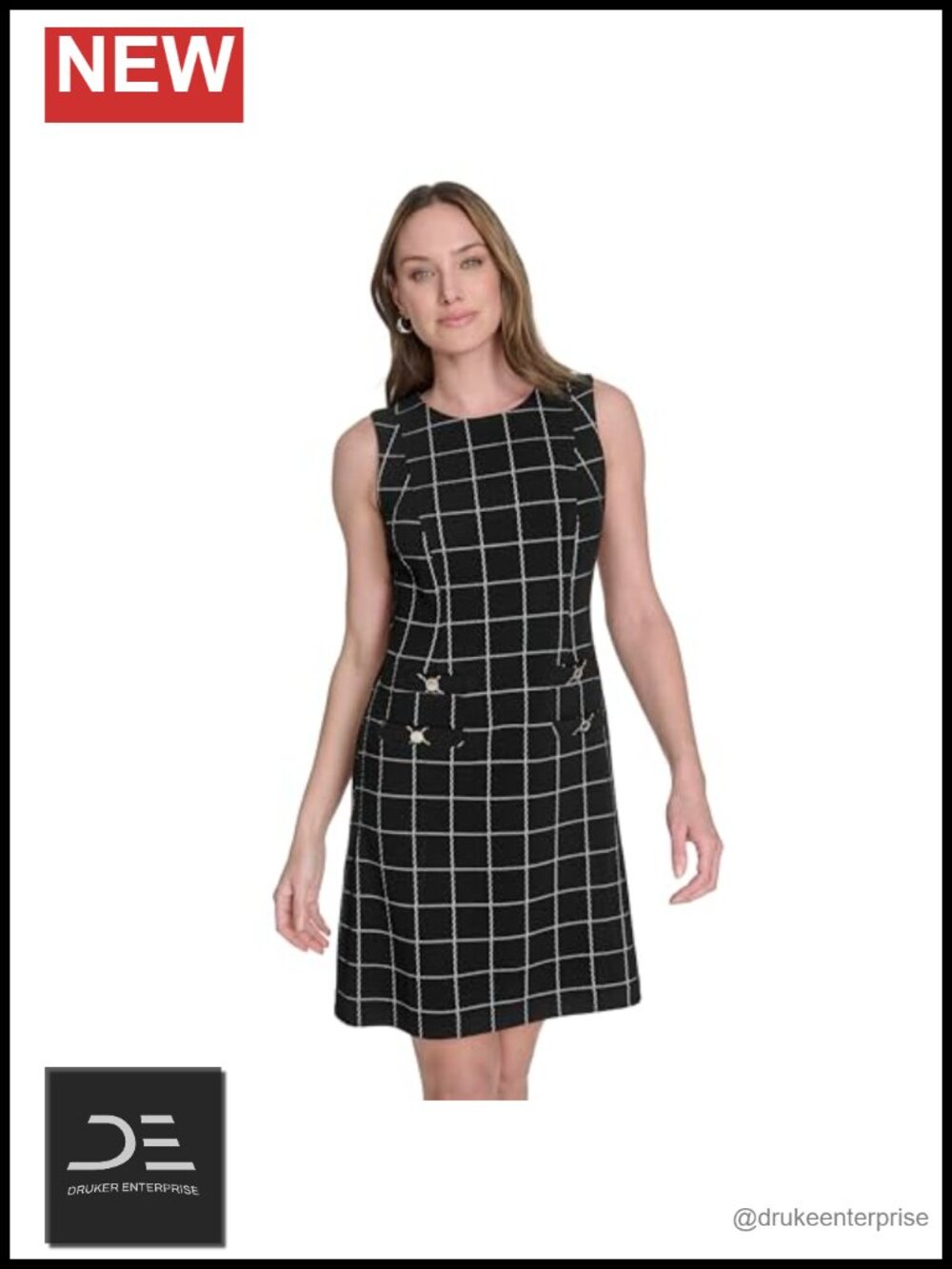 Sleeveless Shift Dress with Pockets and Button Detail